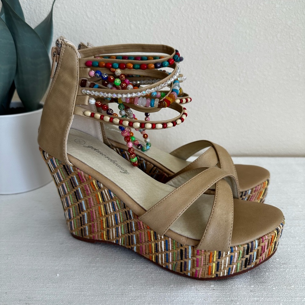 New Getmorebeauty Rainbow Beaded Braided wedge Sandals Woman’s EU36 US5